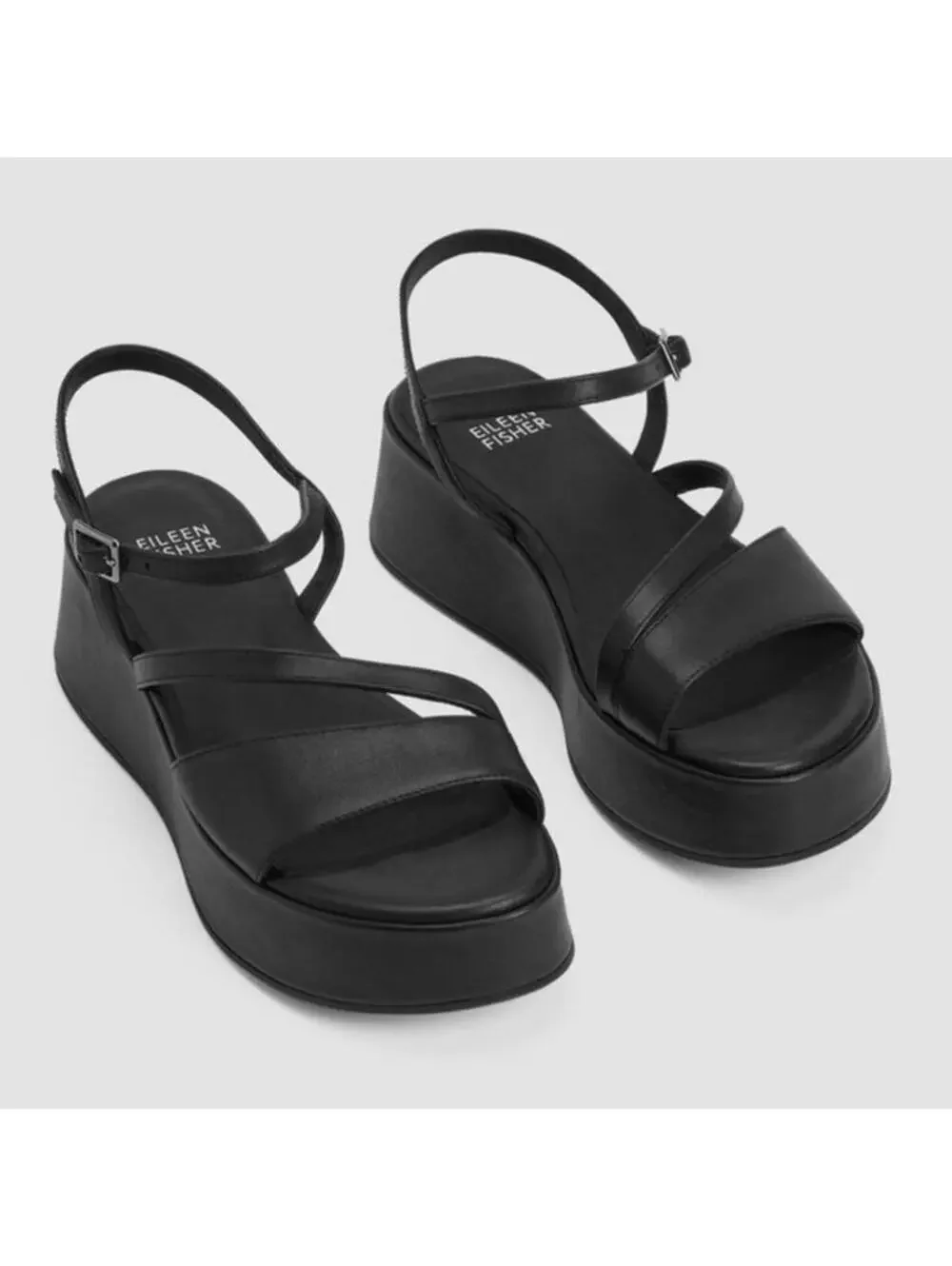 NEW Eileen Fisher Dae Leather Wedge Platform Strappy Sandals Black Women’s sz 10 - Picture 1 of 15